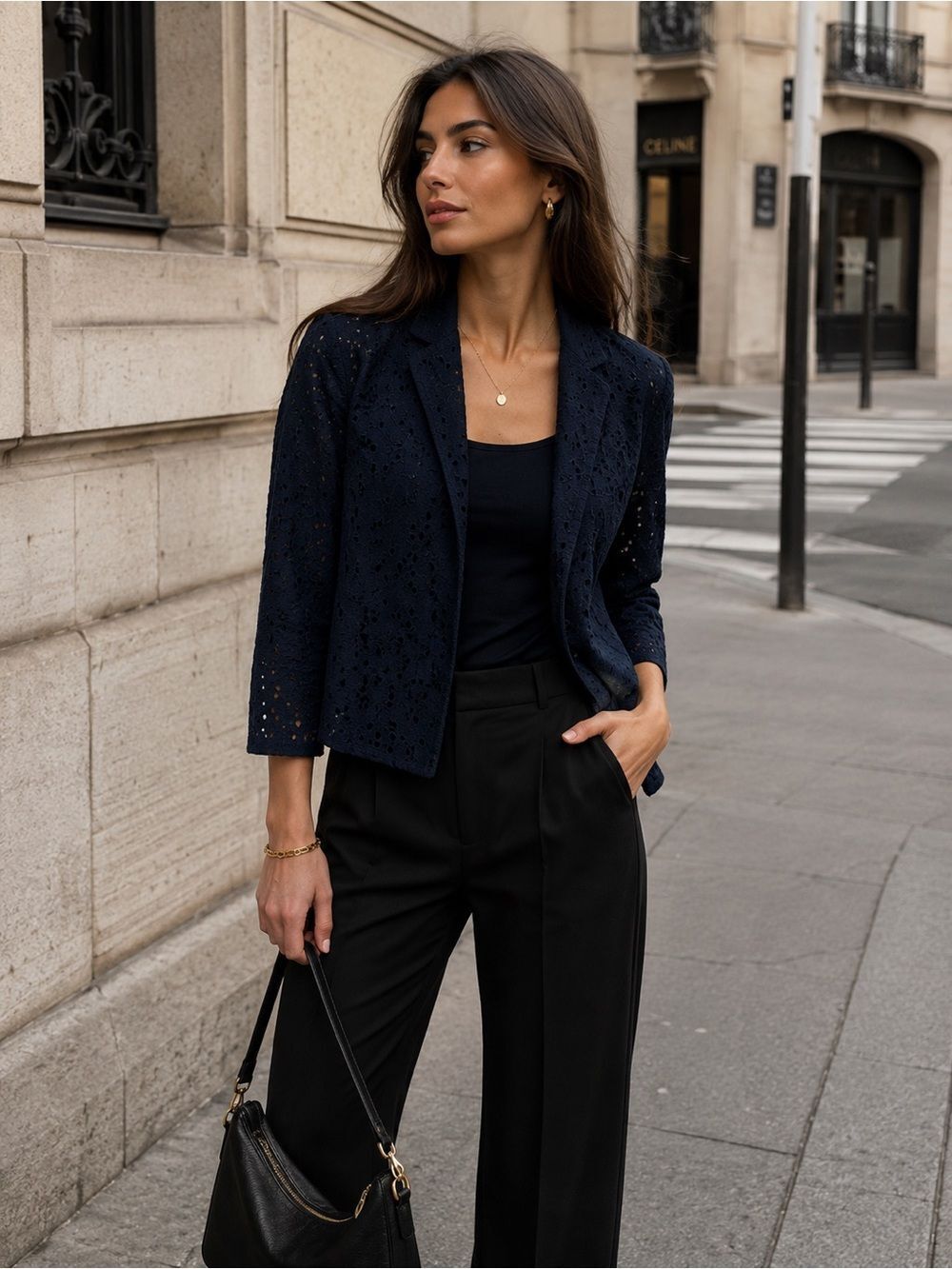 Frenchi Black Eyelet Tailored Blazer